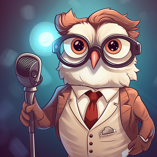 A cartoon owl wearing a suit holding a microphone.