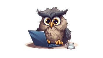 A worried cartoon owl sitting at a computer.