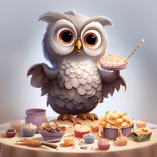 A cute cartoon owl getting ready to host a networking event with hors devours on a table-1