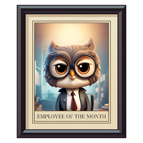 A framed cartoon owl employee of the month picture