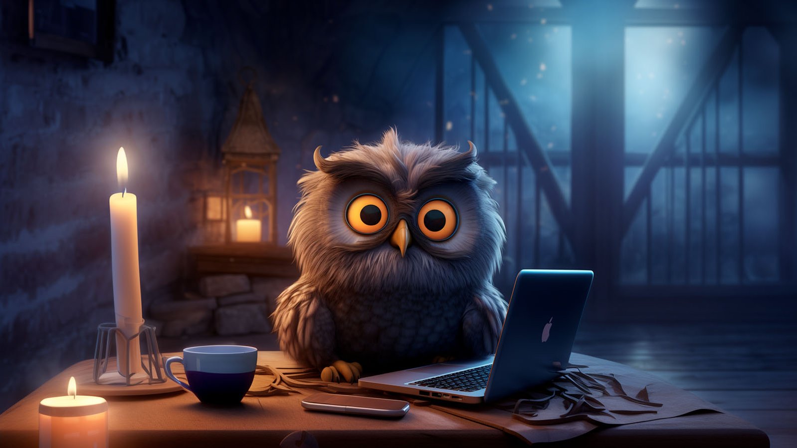 A worried cartoon owl working on a laptop in the dark