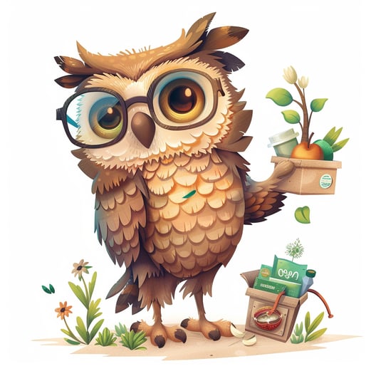 A_cartoon_owl_selling_eco-friendly_products