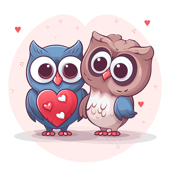 Cartoon owl with a heart-shaped gift