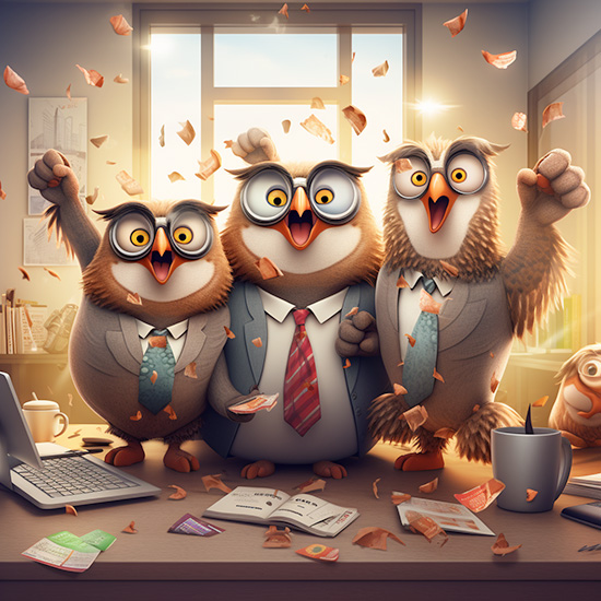 Cartoon owls celebrating after a job well done