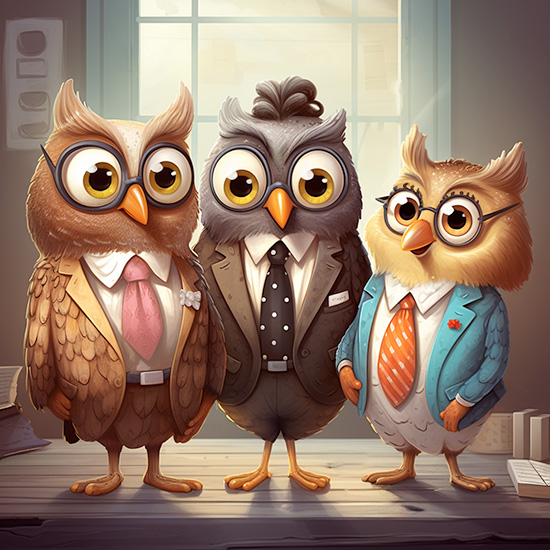 Cartoon owls joining a business networking event