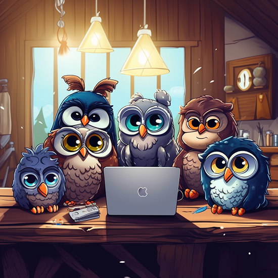 Group of cartoon owl marketers