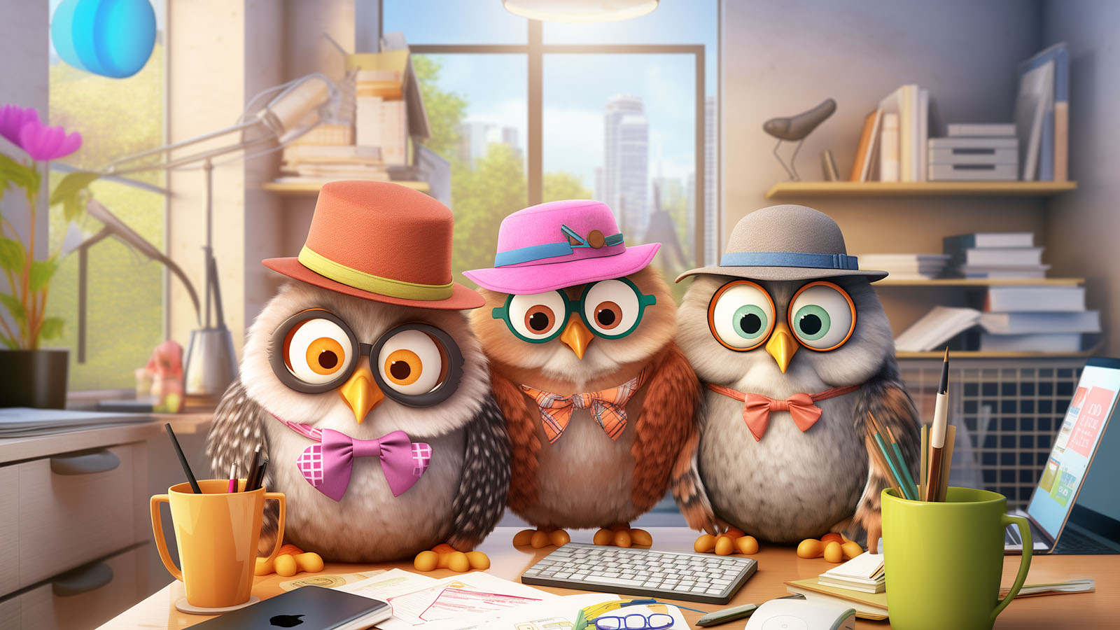 Marketing Wise cartoon owls in an office ready to help