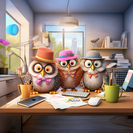 Marketing Wise cartoon owls on a desk