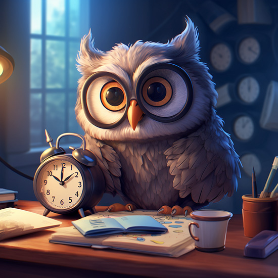 Cartoon Owl Sitting at a desk with an alarm clock