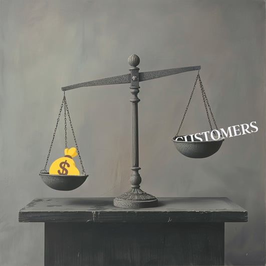 A picture of a scale showing a bag of money being heavier than the word "customers".