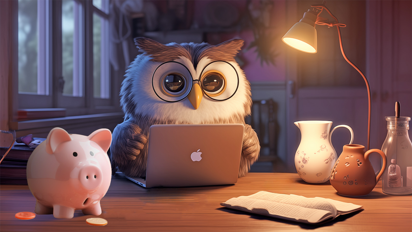 A cartoon owl with an empty piggy bank, sad, sitting at a laptop
