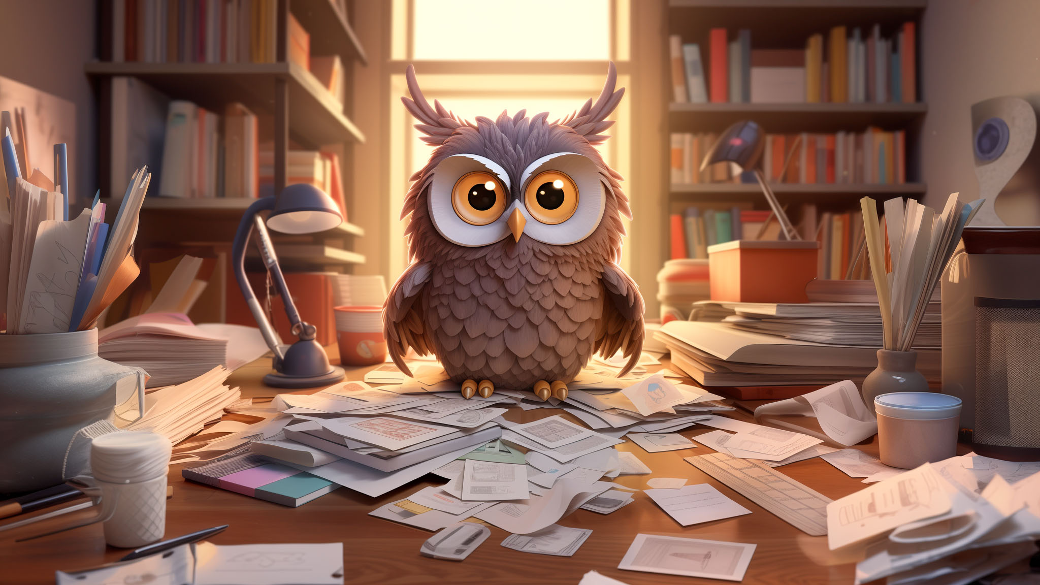 A cartoon owl sitting on a desk covered in scattered documents.