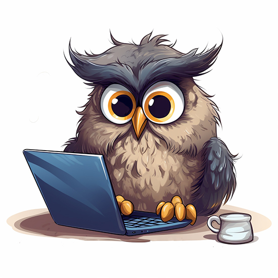A worried cartoon owl sitting at a computer.