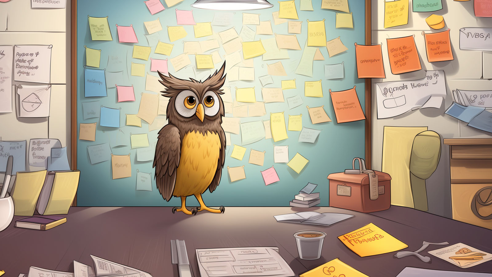 Cartoon owl brainstorming business name ideas