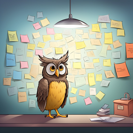 A cartoon owl brainstorming, standing on a desk with sticky notes behind it on a bare wall. 
