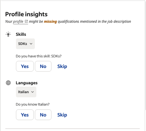 Screenshot showing skills and languages to add to your profile.